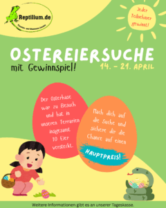 Bunte Ostereiersuche-Werbung mit Kind, Kaninchen und Schlange. Fröhliche, verspielte Gestaltung.