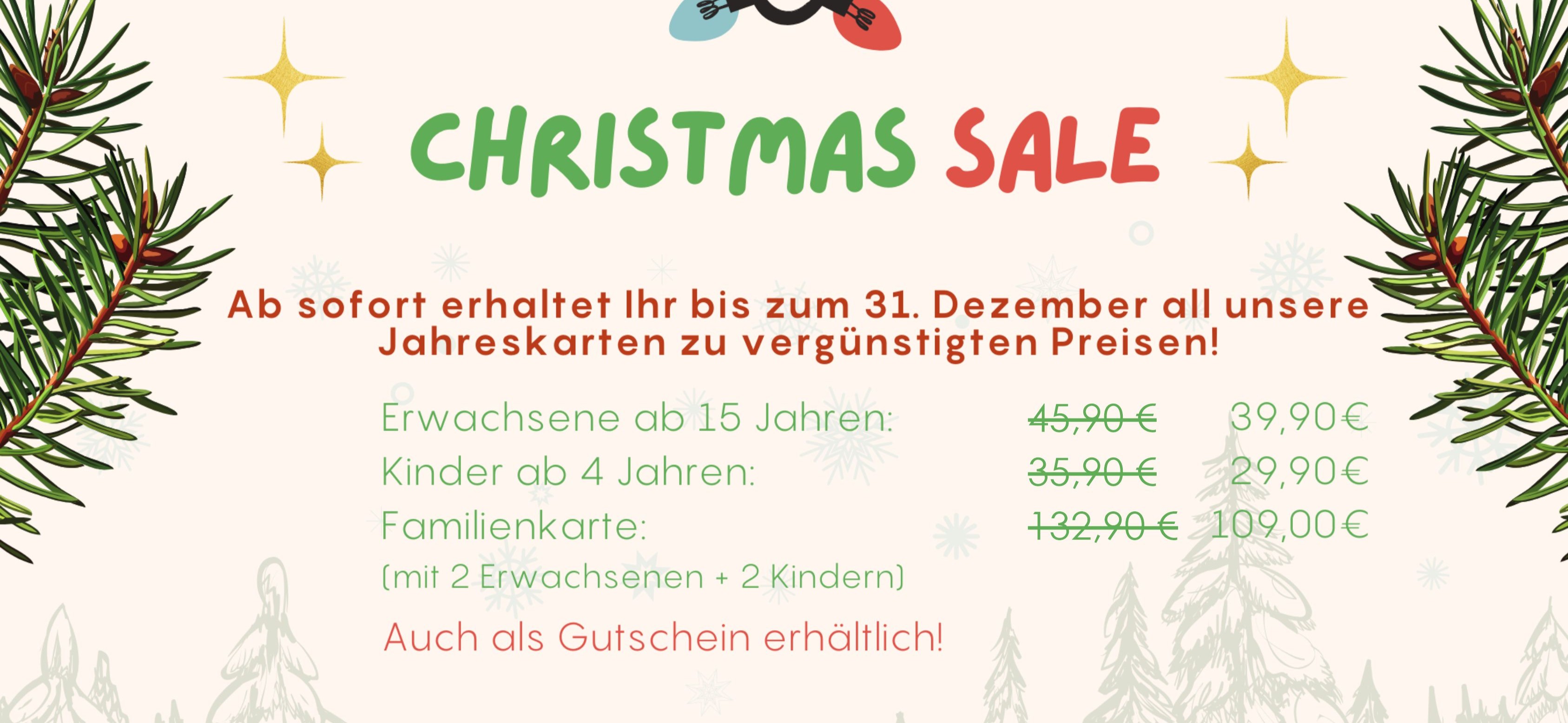 Weihnachtliches Angebot mit Tannenzweigen und bunten Schriftzügen auf hellem Hintergrund