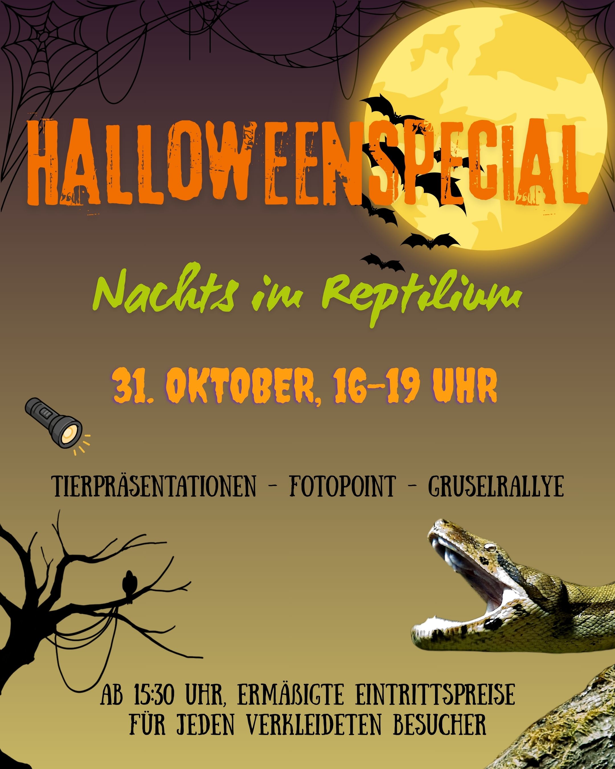 Halloween Plakat mit Schlange Mond und Fledermaeusen fuer Reptilium Event